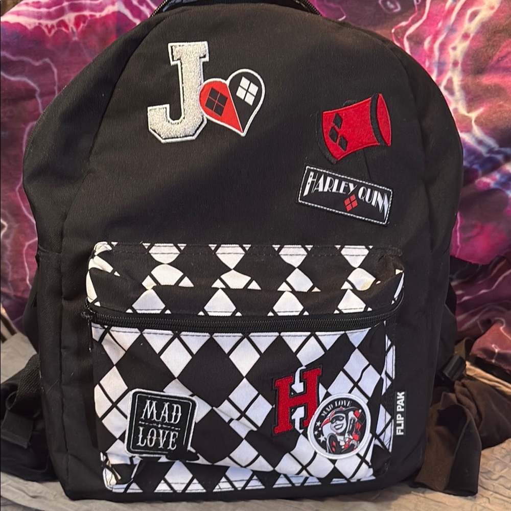 Harley Quinn Black and White Argyle Backpack with Decorative Patches